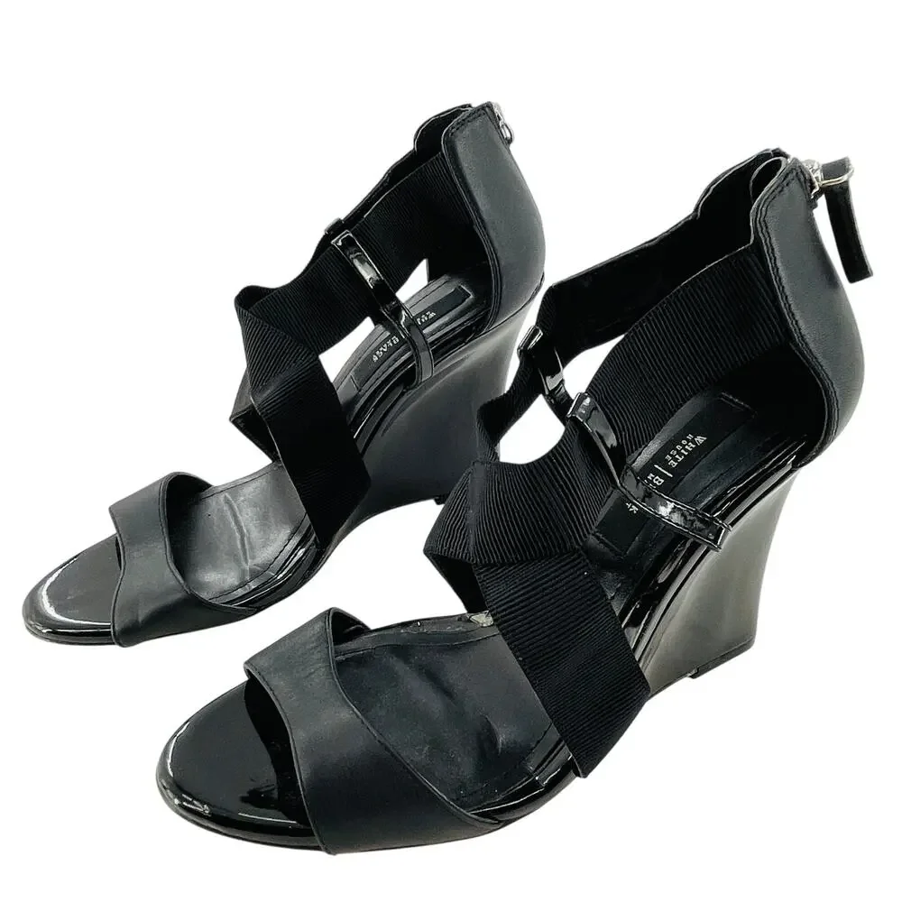 WHBM Black Leather Strappy Career Chic Zip Back Elastic Ankle Wedge Heel 9.5